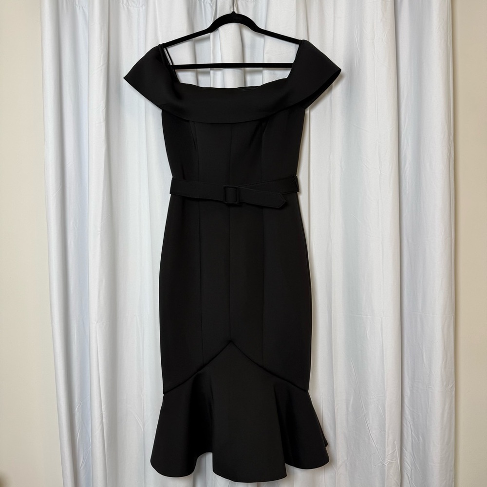 Badgley Mischka Off Shoulder Belted Scuba Dress Black NWT Size 8 - Picture 5 of 14